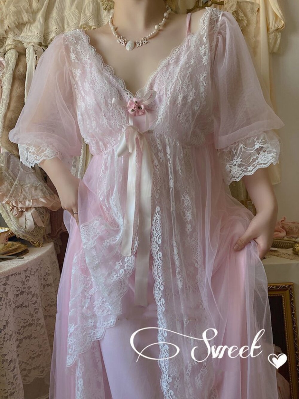 Barbiecore Victorian Romantic Nightgown Lace Tulle Peignoir Babydoll